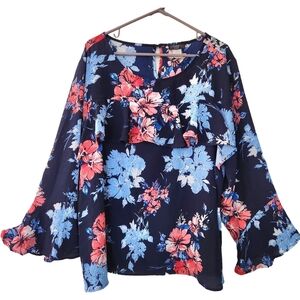 🔥Cocomo Floral Print Ruffle Top Blue Pink White Size 3X Flared Ruffle Sleeves